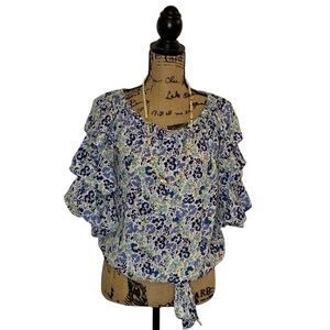 CeCe Floral Gathered Ruffle Tiers Three Quarter Sleeve Off the Shoulder Blouse